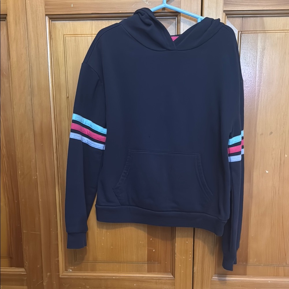 Navy Hoodie with Striped Sleeves